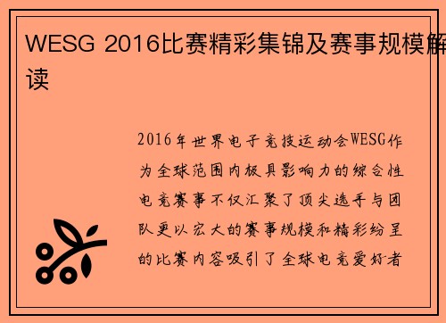 WESG 2016比赛精彩集锦及赛事规模解读